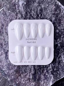 Bộ 10 móng tay giả thủ công, móng ngắn, móng nhọn, móng Ramadan, móng hạnh nhân, móng dễ thương, móng màu trơn, móng trắng, phù hợp cho nữ và bé gái trong nhiều dịp khác nhau, kèm dụng cụ làm móng. - trắng - Xem 6