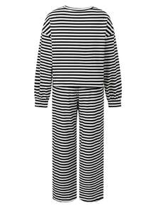 Womens Fall Striped Pants Set Loose Fit Stylish Crew Neck Long Sleeve Tops And Wide Leg Drawstring Pants 2 Pcs Set - Black - View 2