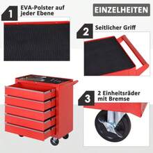 Workshop Trolley With Wheels, Tool Trolley With 5 Drawers, Lockable Rolling Trolley With EVA Mat, Mobile Assembly Trolley, Max. Load 150 Kg, Steel, Red, On-Site - 紅色 - 查看 5