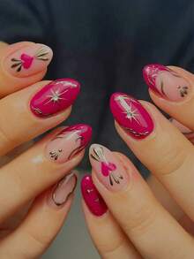 24 piezas de uñas postizas clásicas y minimalistas con formas de corazón, luna, estrella, francés y línea en color dorado metálico con forma de almendra, adecuadas para el Día de San Valentín, Año Nuevo, fiestas, bailes y ocasiones casuales, reutilizables y fáciles de quitar. Incluye pegamento de gelatina y lima de uñas. - Multicolor - Ver 8