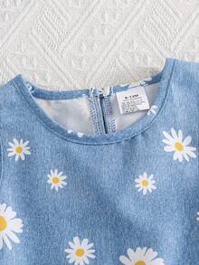 2pcs/Set Baby Girls Daisy Flower Print Sleeveless Top And Elastic Waist Ditsy Floral Pants Elegant Outfit, Summer - Blue - View 3