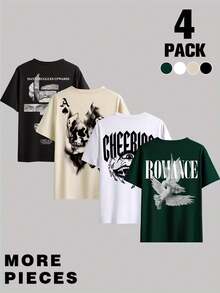 4pcs Men's Casual Versatile Simple English Slogan Graphic Print Short Sleeve T-Shirts - Multicolor - View 5