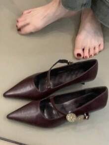 2025 Pointed Toe Metal Buckle One-Strap High Heel Shoes, Low Heel French Commuting Wine Red Shoes For Women, Pure Metal Office & Beach - Burgundy - View 6