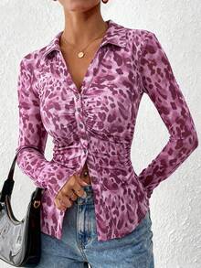 Women Button Down Floral Shirts  Fall Long Sleeve V Neck Ruched Fitted Mesh Blouse Tops Date Outfits Valentine's Day Vacation Fall Clothes For Women - Purple Leopard Print - View 5