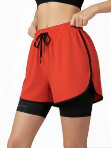 AODSR 2 In 1 Women's Black Drawstring Elastic Waist Athletic Shorts With Curved Hem Casual Running Training Workout Shorts - Red Orange - View 5