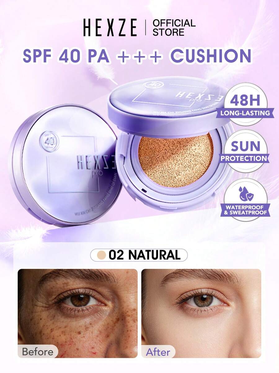 HEXZE 持久气垫粉底，SPF40，48小时长效防晒，高遮瑕，防水防汗，11克，02号自然色，适合中性肤色 - 02 自然 - 查看 1