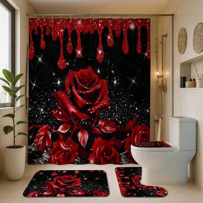1/3/4pcs Red Rose & Dripping Blood Themed Polyester Waterproof Shower Curtain, Fashionable Bathroom Decor Curtain, Quick Dry & Easy Clean, Machine Washable, Fade Resistant, Sturdy Grommets, Multiple Sizes Available, Suitable For Bathroom, Hotel, Apartment, Comes With Hooks, No Drilling Required
