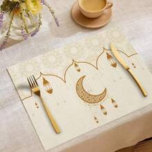 长方形亚麻餐垫，印有月亮和油灯图案，营造用餐氛围，隔热保温，西式餐垫 - 彩色 - 查看 3