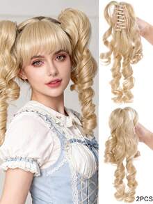2pcs Fluffy Roman Curly Ponytail Wig Clips, Blonde & Black Lolita Double Ponytail - Multicolor - View 12