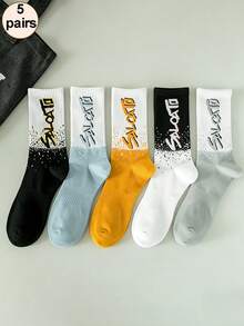 5 pares de calcetines con estampado de letras, en blanco, negro, gris, azul y amarillo, adecuados para todas las estaciones, para uso en interiores, dormir, viajar, hacer deporte, para jóvenes (18-40 años) y adolescentes (13-18 años) - Multicolor - Ver 1