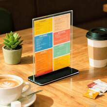 Soporte de Acrílico para Letreros/Menús Forma de L -10 Unidades Transparente Doble Cara - Incluye Base Estable, Porta Menú de Mesa Antideslizante para Restaurantes, Oficinas, Hoteles (A6, 10*15CM) - A5 - Ver 5