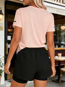 AODSR 2pcs Women's Athleisure 2 Pieces Set, Peach Pink Workout Top & Pocket Shorts, 2 In 1 Athletic Bottoms Sports Summer - Pink - View 4