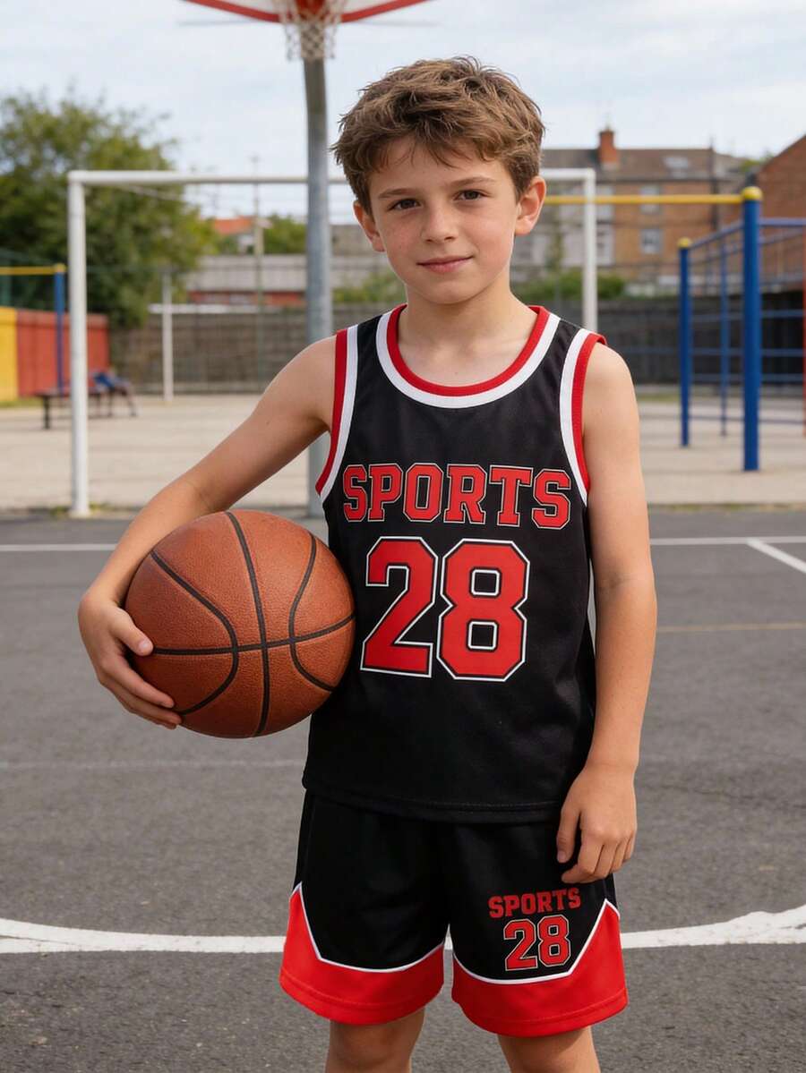 2pcs/Set Tween Boys' Casual Sporty Outfit, Contrast Color Letter & Number Graphic Round Neck Tank Top Paired With Loose Shorts, Basketball Uniform Style, Spring/Summer - Black - View 1