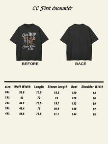 Camiseta de manga corta con cuello redondo de estilo casual y vacacional en talla grande, con estampado de chica 2026 - Suave y transpirable, adecuada para camisetas casuales de verano y primavera - Ropa regular de mujer de talla grande, camiseta estampada para mujer - Negro - Ver 10