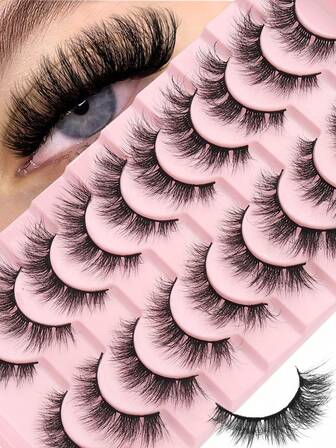 10 pares de pestañas postizas en tira, estilo D-Curl, esponjosas y voluminosas. Fáciles de aplicar para principiantes, reutilizables y de alta calidad. Perfectas para maquillaje diario y de fiesta. Regalo de Navidad, regalo pequeño y lindo para mujeres, esencial de viaje fácil de llevar.