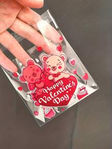100pcs Valentine's Day Gift Bags, Printed With Red Heart And Cute Bear Patterns - Self-Adhesive Plastic Bags, Suitable For Candies, Small Gifts And Souvenirs - Perfect For Parties, Weddings, Engagements And Anniversaries, Also Can Be Used As Party Favor Bags - Multicolor - View 7