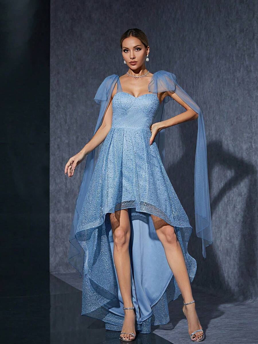 Butterfly Mesh Strappy Embroidered Lace Front-Short Back-Long Flared Midi Dress - Blue - View 1