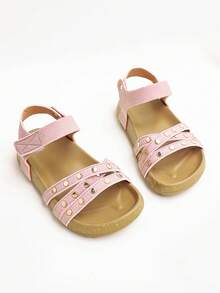 1 Pair Simple Solid Color Casual Hook And Loop Flat Sandals For Girls, Comfortable & Durable, Suitable For Outdoor Activities, Summer - Pink - View 2