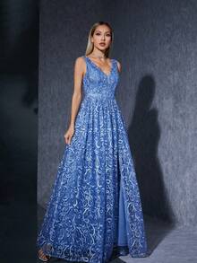 V-Neck, Embroidered Lace, Sleeveless, Front Slit, Ruffled Edge, High-End Evening Gown.Blue Dresses For Women - Blue - View 1