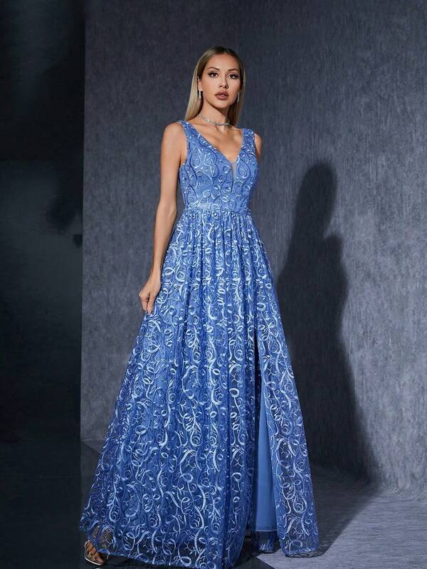 V-Neck, Embroidered Lace, Sleeveless, Front Slit, Ruffled Edge, High-End Evening Gown.Blue Dresses For Women