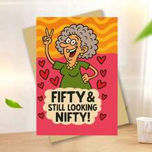 温馨的50岁生日贺卡（含信封）——“五十岁依然风韵犹存”设计，柔和而充满活力的老妇人形象，完美表达温暖祝福，是馈赠佳品。贺卡|柔美动人的50岁生日贺卡|纸质贺卡，爱心饰品