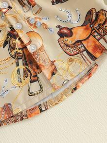 Baby Boys Western Shirts Short Sleeve Horse/Boots Print Button Down Shirts Toddler Summer Tops - 咖啡棕 - 查看 6