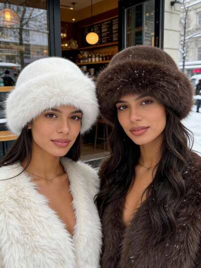 2pcs Solid Color Retro Winter Hats For Women, Faux Fur Patchwork Trapper Hats, Plush Warm Bucket Hats, Fashion Personalized High-Quality Large Circumference Thick Fisherman Caps, Ideal For Daily Casual, Outdoor, Vacation Outfits