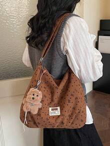 Korean Minimalist Polka Dot Canvas Tote Bag, New Large Capacity Shoulder Bag, Fashionable Commuter Handbag With Pendant - Multicolor - View 7