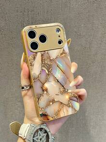 1件装奢华优雅高端渐变大理石纹理金色闪光图案玻璃材质手机壳，兼容，钢化玻璃材质，高级精致 - 金色 - 查看 1