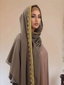 1pc Women's Gold Crown Wavy Edge Chiffon Versatile Long Scarf, High-Quality Muslim Hijab - Multicolor - View 1