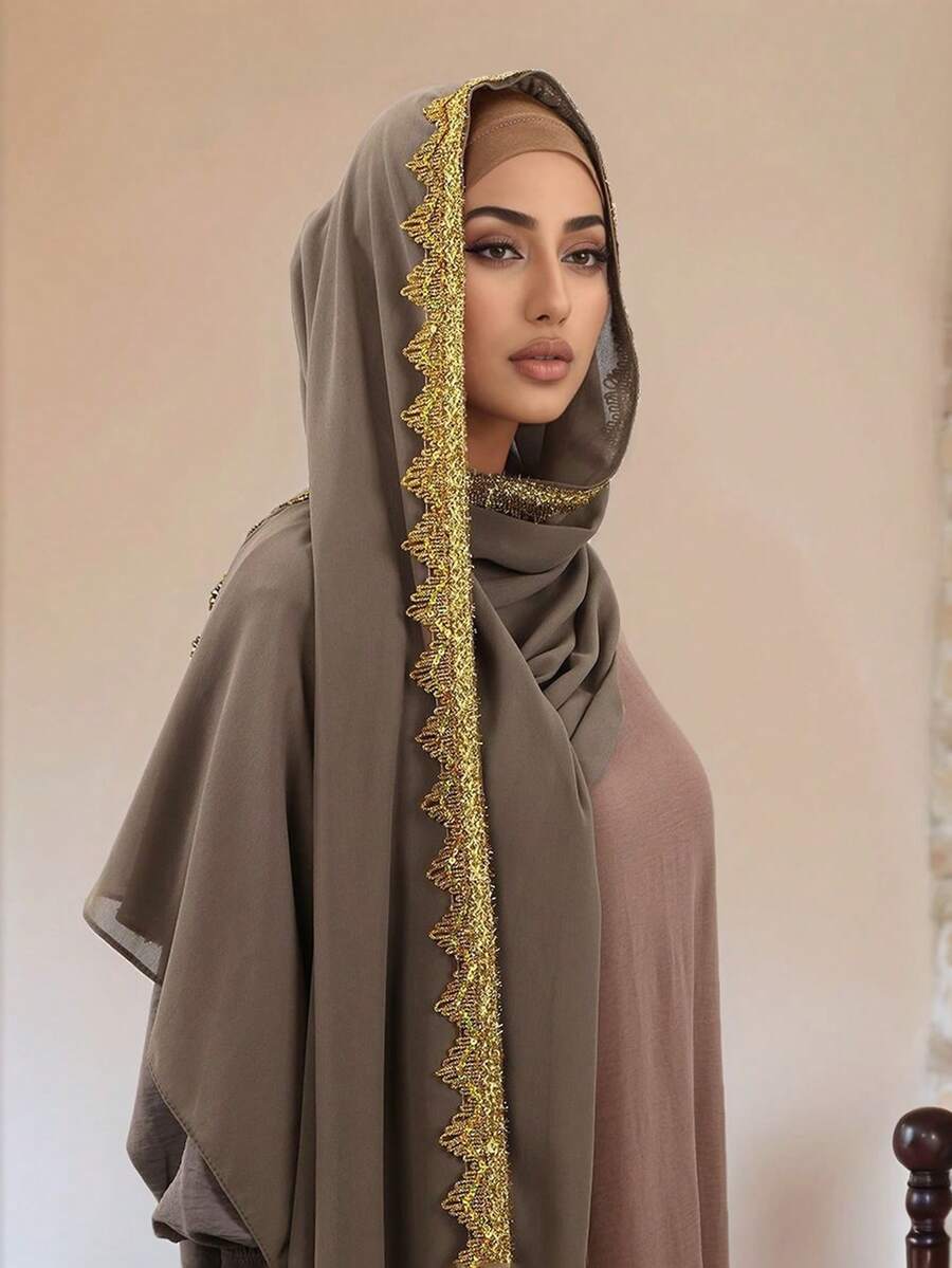 1pc Women's Gold Crown Wavy Edge Chiffon Versatile Long Scarf, High-Quality Muslim Hijab - Multicolor - View 1