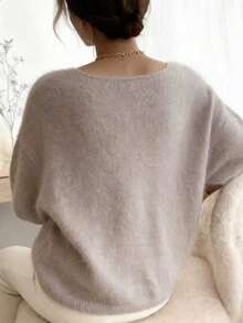 Casual Solid Color Faux Cashmere 3/4 Sleeve Women Sweater, Solid Color Fine Fleece Homewear, Suitable For Christmas, Valentine's Day, Spring/Autumn, Autumn/Winter