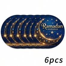 每包1/2/4/6/8/300片，豪华圆形斋月餐垫套装 - Mubarak 餐垫（伊斯兰餐具），饰有阿拉伯书法、新月和星形图案。尺寸：15*15英寸/38*38厘米。 - 彩色 - 查看 14