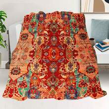 1pc Extra Large Vintage Boho Moroccan Throw Blanket - Super Soft Flannel Bedspread/ Couch Cover - Large 50x40 Inches (127x101cm) - Orange, Red, Green, Golden - All-Season Decor For Living Room, Bedroom, Christmas, Home Decoration - ZZTM 11 - 彩色 - 查看 7