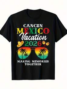 Cancun Mexico Vacation 2026 Theme T-Shirt| Empowering Y2K Gifts For Dad, Classic Black, All-Season, Crew Neck, Vintage Style, Short-Sleeved, Printed, Pure, 220G, Suitable For Men And Women - màu đen - Xem 1