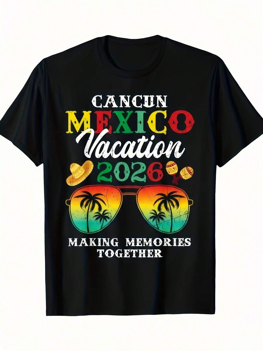 Cancun Mexico Vacation 2026 Theme T-Shirt| Empowering Y2K Gifts For Dad, Classic Black, All-Season, Crew Neck, Vintage Style, Short-Sleeved, Printed, Pure, 220G, Suitable For Men And Women - màu đen - Xem 1