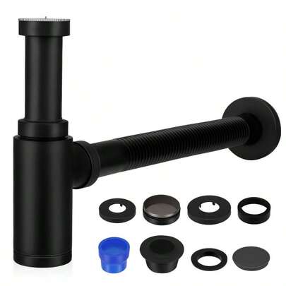 Brass Bottle Trap Set, G 1 1/4 X 32mm Stainless Steel Bottle Trap For Bathroom Basins, Vessel Sinks With Overflow Hole, Height Adjustable, Anti-Rust, 'L' Shaped Anti-Odour, Black