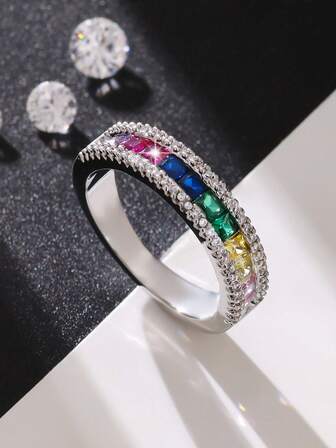 1ชิ้น แหวนเพชรเซอร์โคเนียสีขาวทูโทนแฟชั่น ของขวัญเซอร์ไพรส์สำหรับคนรัก, แม่, งานปาร์ตี้