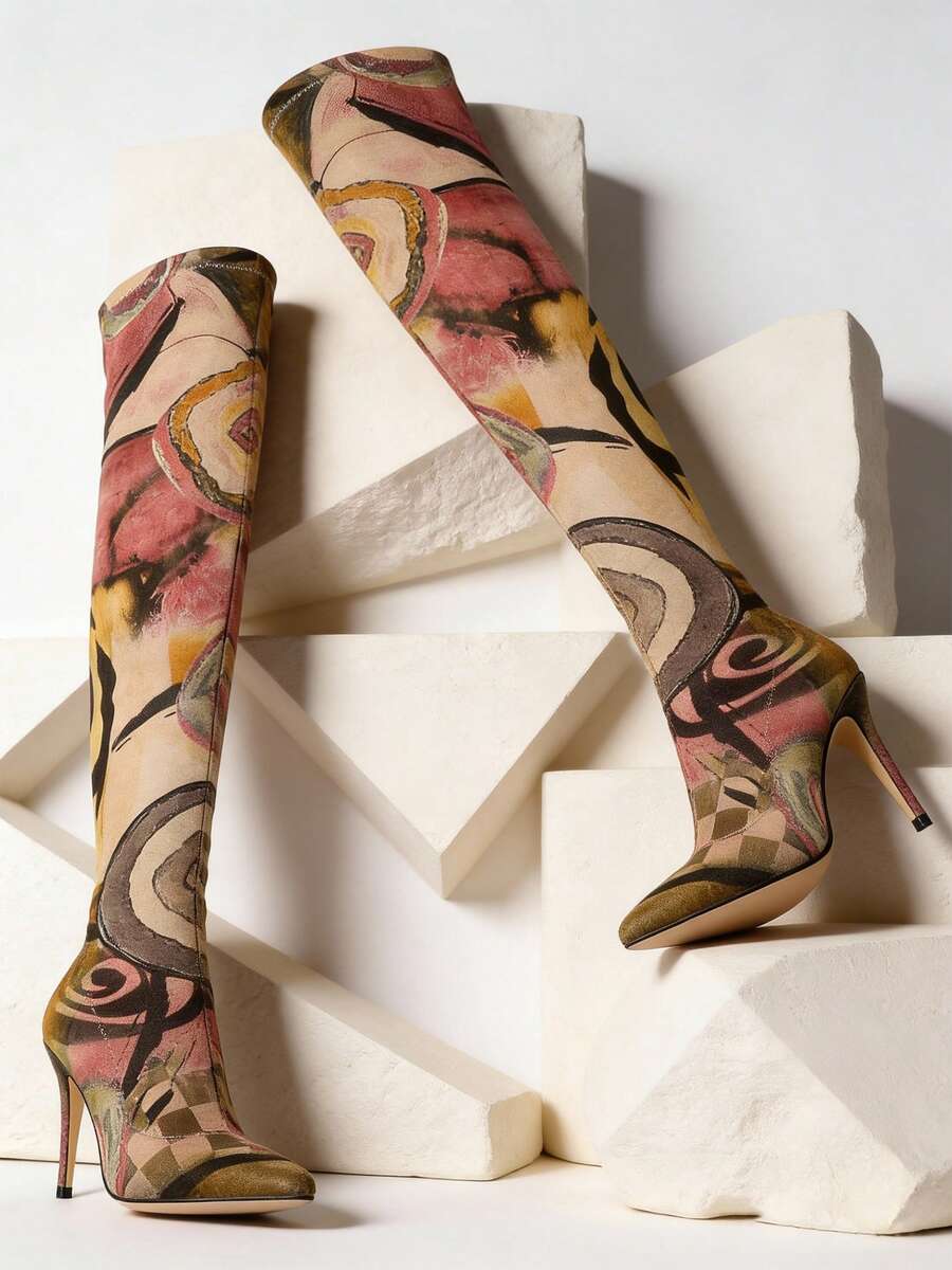 vivianly Fabric Pattern Random Unique Sexy Stretch Pointed Toe Elastic Stiletto High Heel Side Zip Knee-High Boots With Random Print - Stiletto Heel Boots For Women, Autumn And Winter Boots Featuring All Over Print (Each Pair May Have A Different Pattern, Bringing Different Surprises) Heel Height: 4.13 Inches Date Valentine's Day Gift - 彩色 - 查看 1