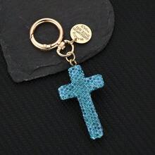 1pc Minimalist Rhinestone Cross Keychain – Sparkling Cross-Shaped Pendant With Creative Design, Phone & Earphone Charm, Bag Accessory, Halloween Car Accessories, School Cute Goth Y2K Style Key Ring Gift For Women & Men - 粉色 - 查看 7