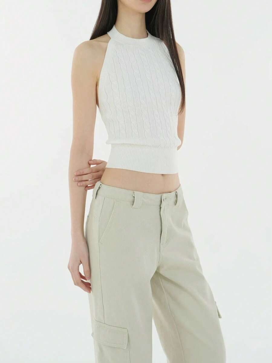 Suéteres de punto de cable acanalado de unicolor para mujer, ropa de primavera/verano, atuendos de playa, blusas de verano, blusas para salir, blusas tipo chaleco, atuendos de vacaciones de verano, jerseys, suéteres - Blanco - Ver 1