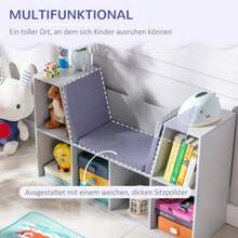 Children's Bookshelf With Stool, Children's Bench With 6 Compartments, Storage Chest With 3 Cushions, Toy Box, Ages 3+, Grey, 103 X 30 X 62 Cm - Grey - View 1