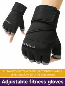 1 par de guantes sin dedos para fitness con soporte extendido de muñeca, palma antideslizante, unisex - Negro - View 6