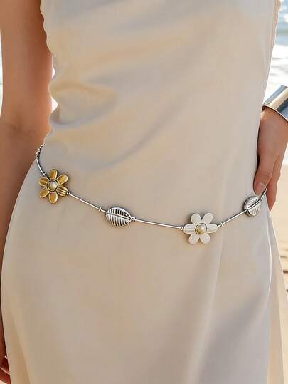 1PC Women's Sweet & Edgy Floral Patchwork Waist Chain - Perfect For Daily Outings, Work, Parties & Formal Dresseschain Belts