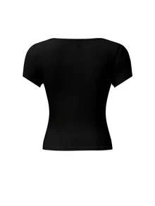 Women's U-Neck Short-Sleeve T-Shirt American Hot Girl, Summer New Letter Print, Slim-Fit Fashionable Cropped Top - Black - View 4