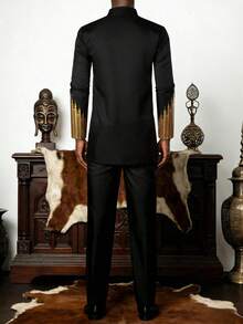Men's African Style Long Sleeve Suit, Traditional Gold Foil Embellished Formal Shirt