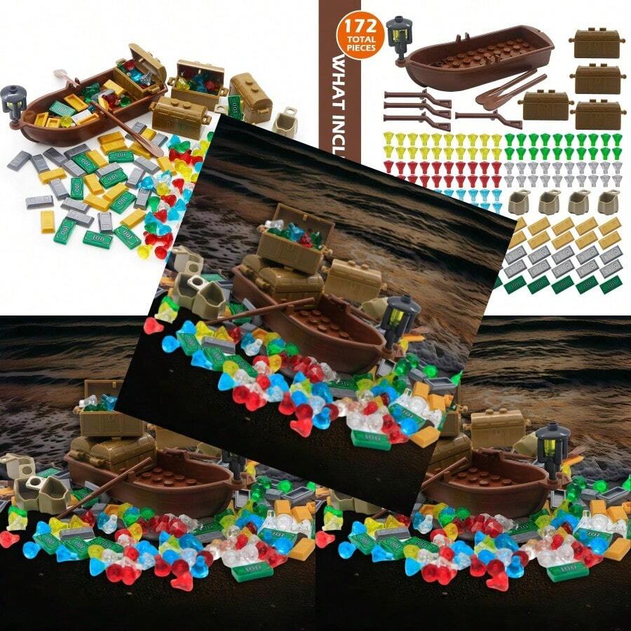 BroTex Pirate Accessories Money - Treasure Chest Building Block Bricks Pack Money Gold Bar Gems Diamonds Jewels With Pirate Boat Ship People Parts Building Bricks SetMaterial Safety And Rich Functionality - No2 - View 1