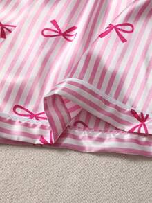 女士加大码蝴蝶结条纹印花短袖短裤睡衣套装 - 粉色 - 查看 5