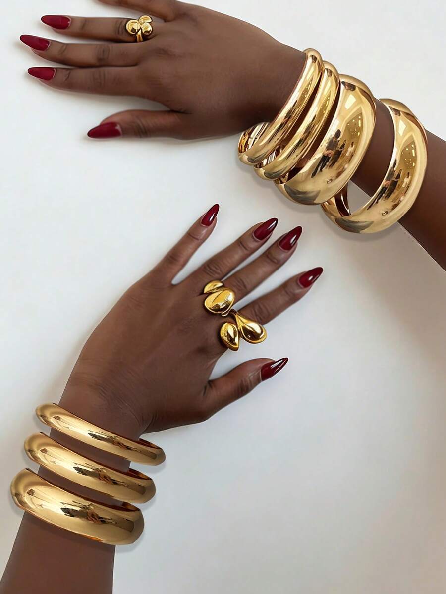 4/3pcs Vintage Exaggerated Old Coin Style Women Metal Smooth Gold Bangle Set, Suitable For Daily Wear And Party - Gold - View 1