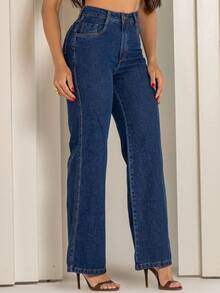 Women's Black Wide Leg Jeans, High Waist, 100% Cotton, No Lycra - 深色洗 - 查看 2